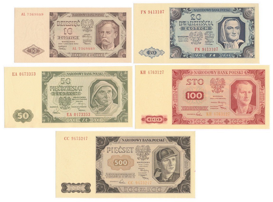 Banknoty. Zestaw 5 banknotów od 10 do 500 złotych 1948