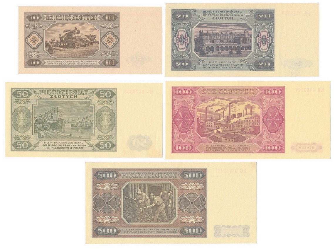 Banknoty. Zestaw 5 banknotów od 10 do 500 złotych 1948
