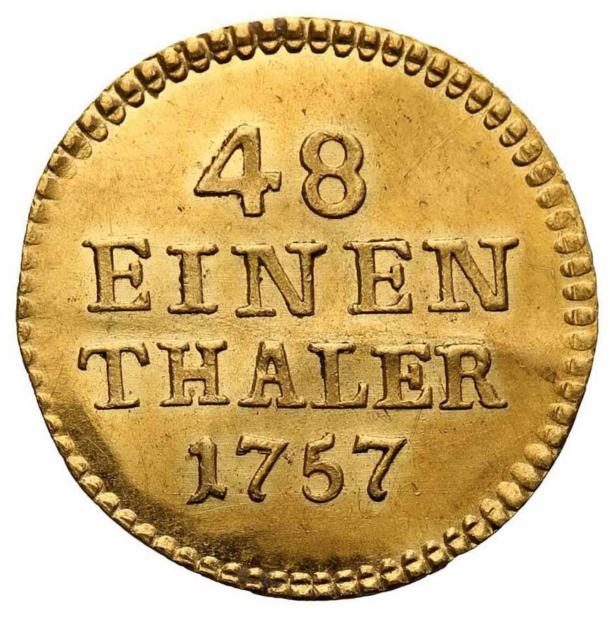 August III Sas. 1/48 talara, półgrosz w złocie wagi 1/2 dukata 1757, Drezno