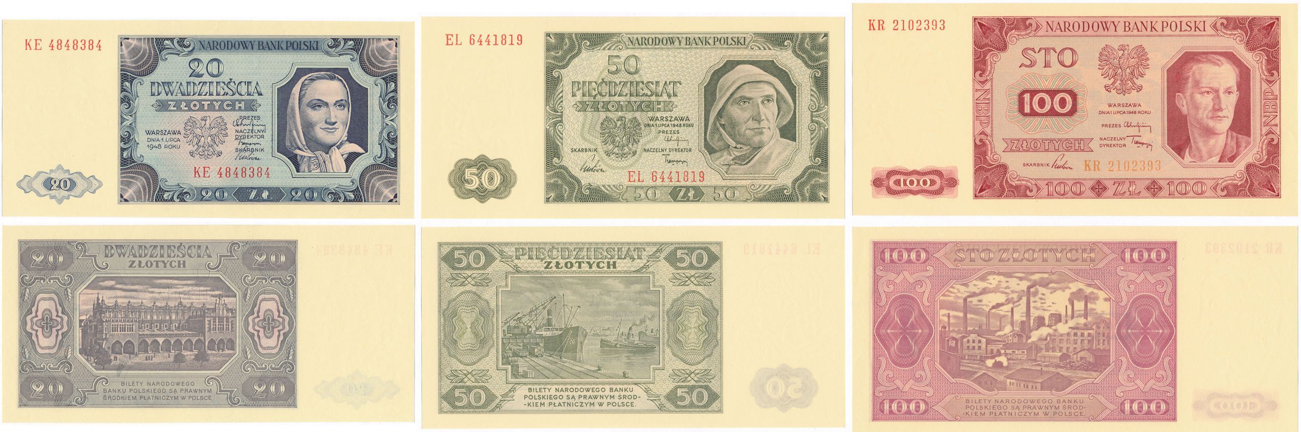 Banknoty. 20, 50 i 100 złotych 1948, zestaw 3 sztuk