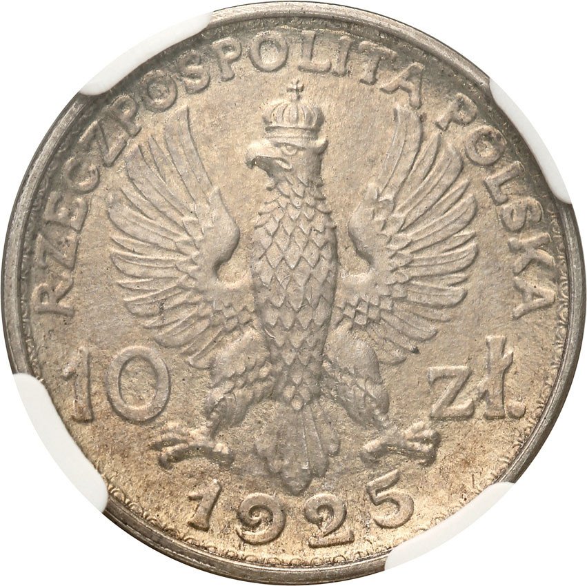 II RP. PRÓBA bez napisu, srebro 10 złotych 1925, Warszawa NGC MS65 (MAX) ex. Karolkiewicz Collection