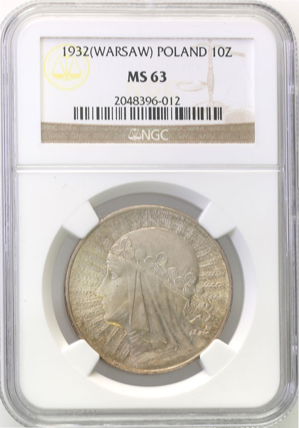 II RP. 10 złotych 1932 głowa kobiety (ze znakiem mennicy) NGC MS63