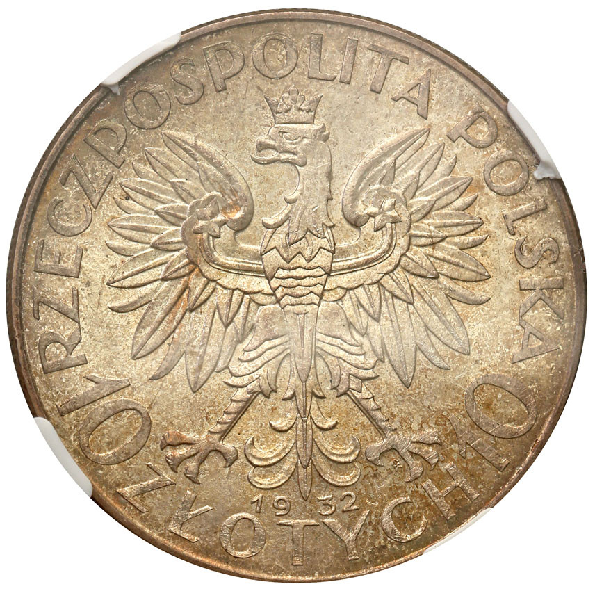 II RP. 10 złotych 1932 głowa kobiety (ze znakiem mennicy) NGC MS63