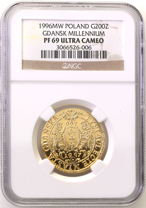 III RP. 200 złotych 1996 Tysiąclecie Miasta Gdańska NGC PF69 ULTRA CAMEO (2 MAX)