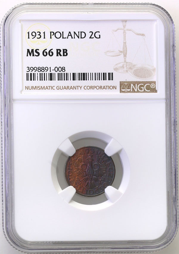 II RP. 2 grosze 1931 NGC MS66 RB (MAX)