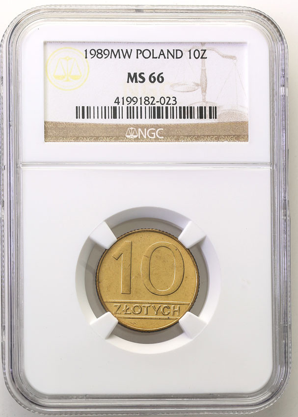 PRL. 10 złotych 1989 mosiądz nominał NGC MS66 (2 MAX)