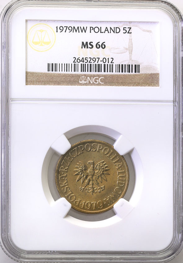 PRL. 5 złotych 1979 mosiądz NGC MS66 (MAX)