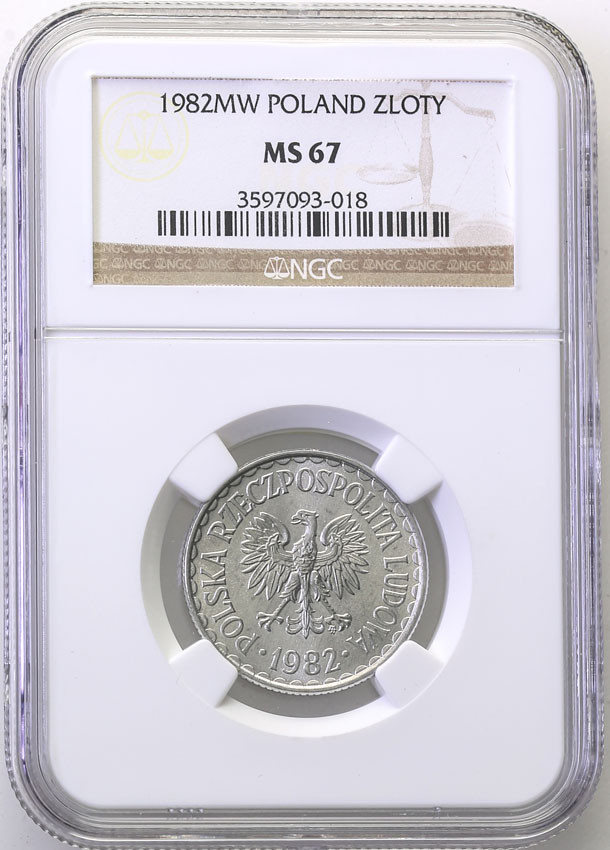 PRL. 1 złoty 1982 aluminium NGC MS67 (MAX)