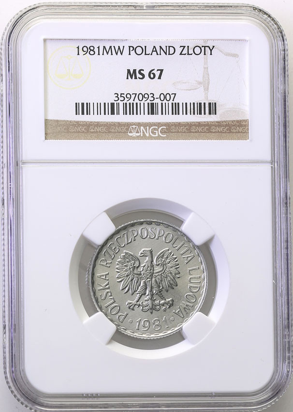 PRL. 1 złoty 1981 aluminium NGC MS67 (2 MAX)