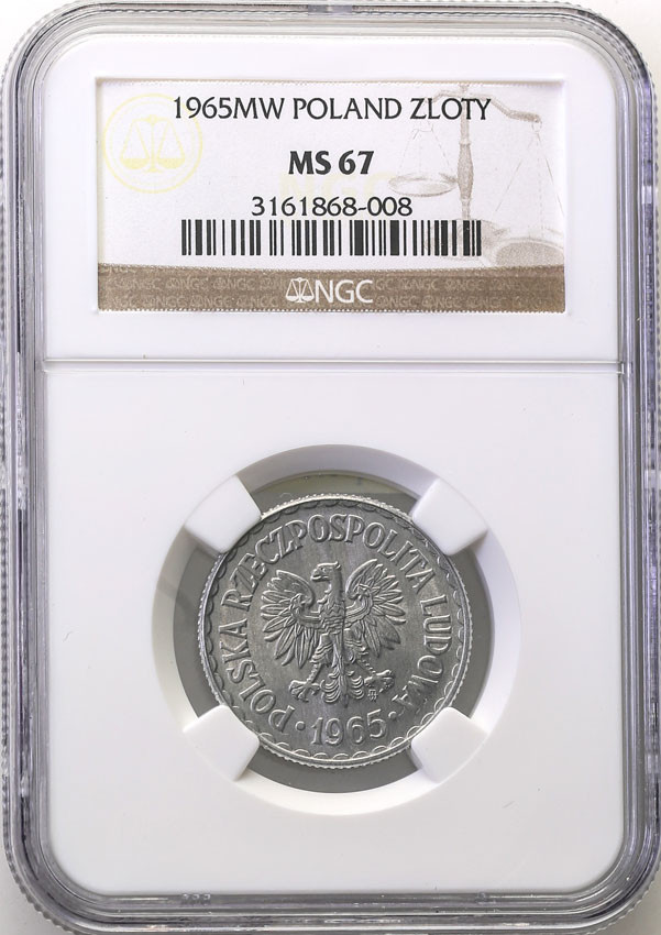 PRL. 1 złoty 1965 aluminium NGC MS67 (MAX)