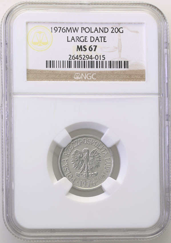 PRL. 20 groszy 1976 (duża data) aluminium NGC MS67 (MAX)