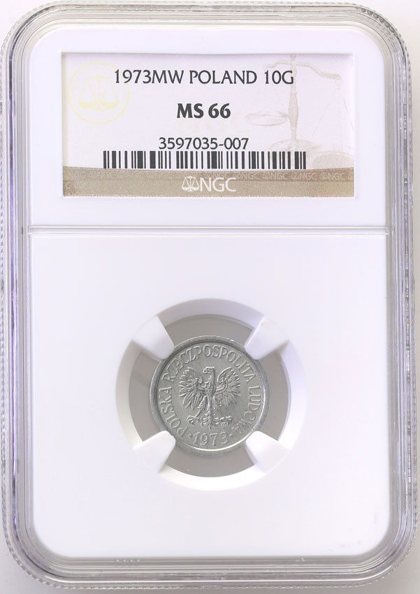 PRL. 10 groszy 1973 (ze znakiem) aluminium NGC MS66 (2 MAX)