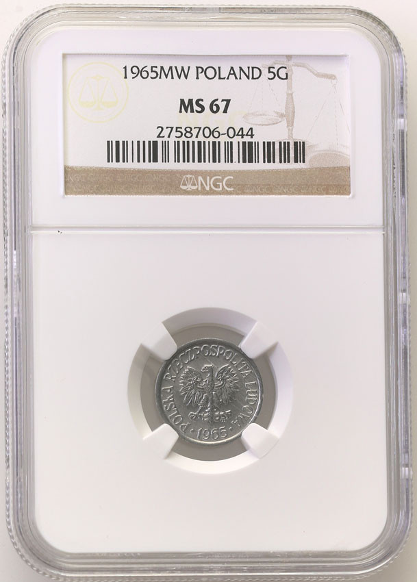 PRL. 5 groszy 1965 aluminium NGC MS67 (MAX)