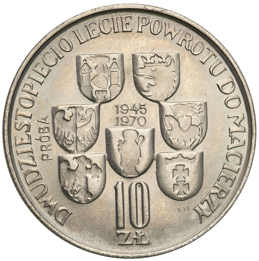PRL. PRÓBA Nikiel 10 złotych 1970 XX lecie powortu do macierzy