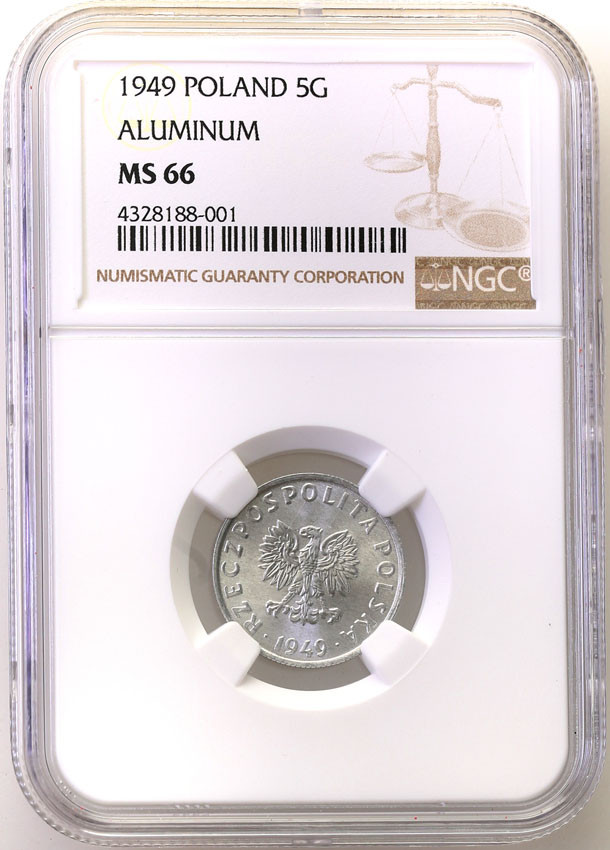 PRL. 5 groszy 1949 aluminium NGC MS66 (MAX)