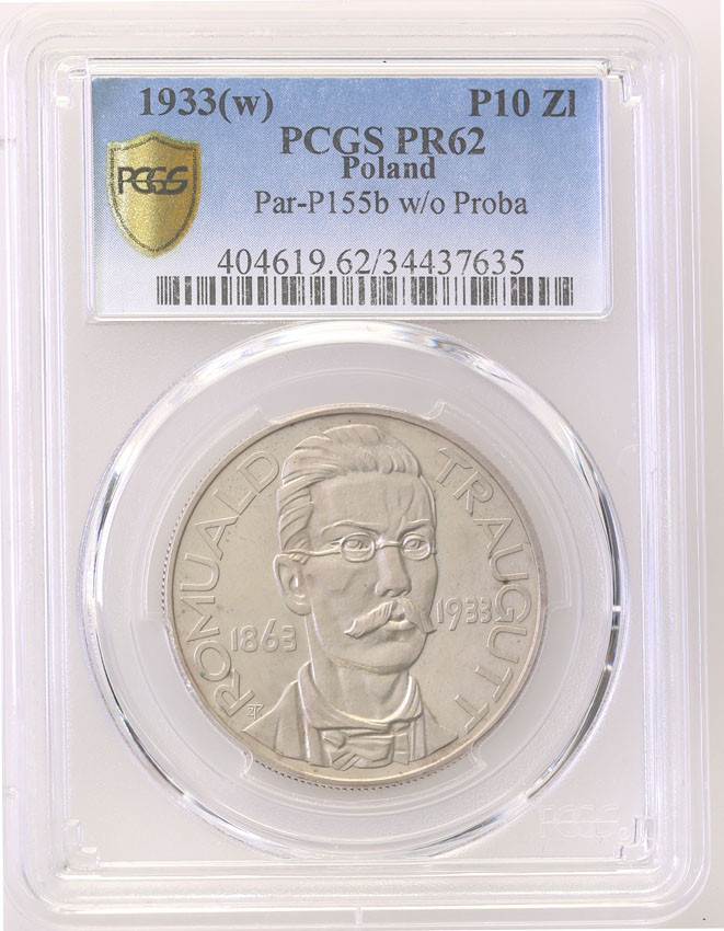 II RP. PRÓBA srebro 10 złotych 1933 Traugutt, stempel lustrzany, PCGS PR62 (MAX)