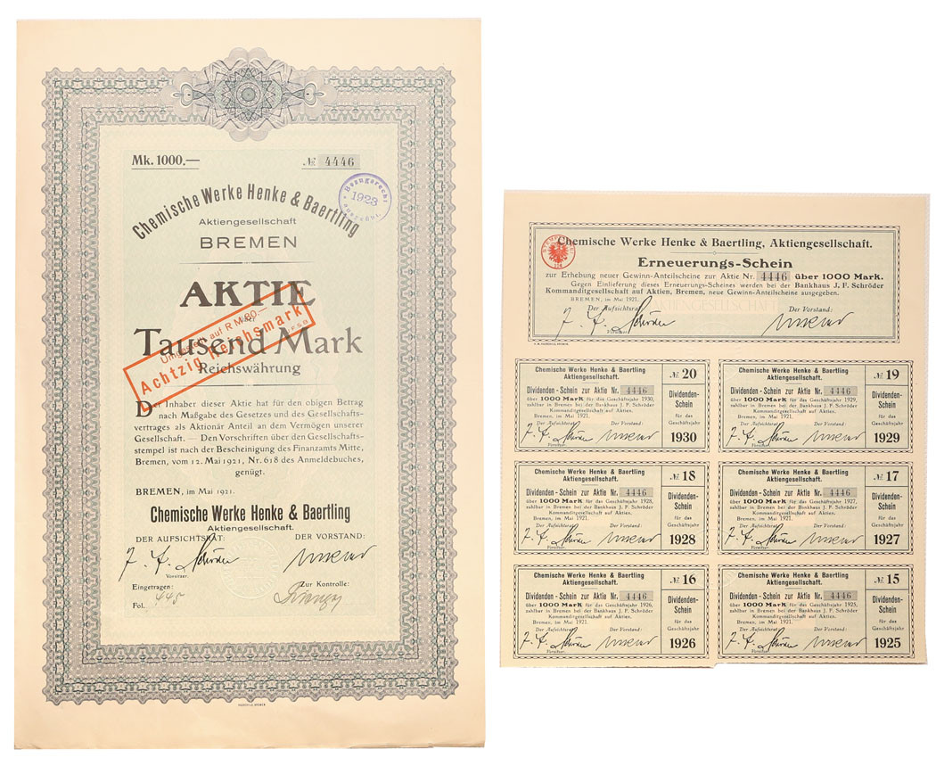 Niemcy, Brema. Akcja 1000 marek 1921 Zakłady Chemiczne Henke & Baertling