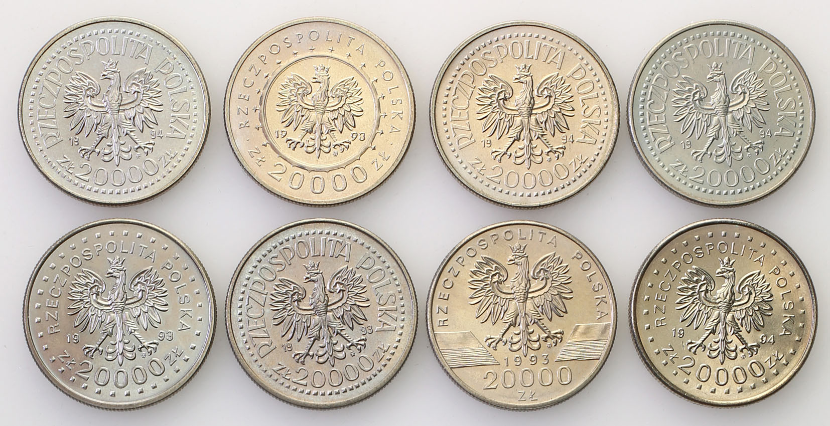 III RP. 20.000 złotych miedzionikiel 1993-1994, zestaw 8 sztuk