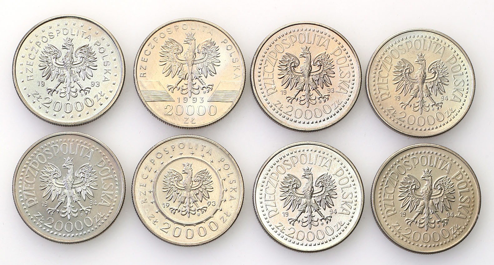 III RP. 20.000 złotych miedzionikiel 1993-1994, zestaw 8 sztuk