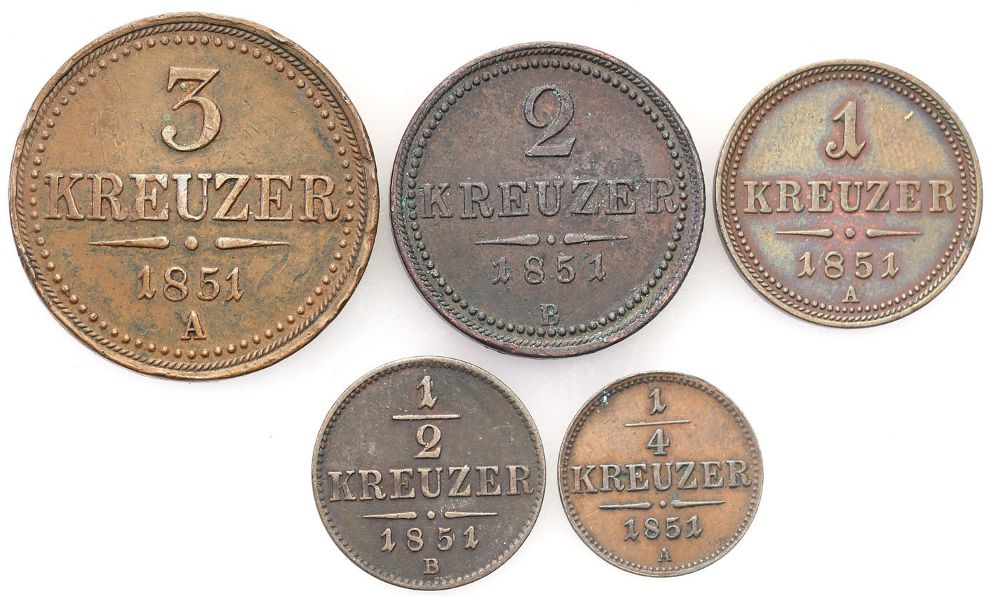 Austria. 1/4 krajcara do 3 krajcarów 1851, zestaw 5 sztuk