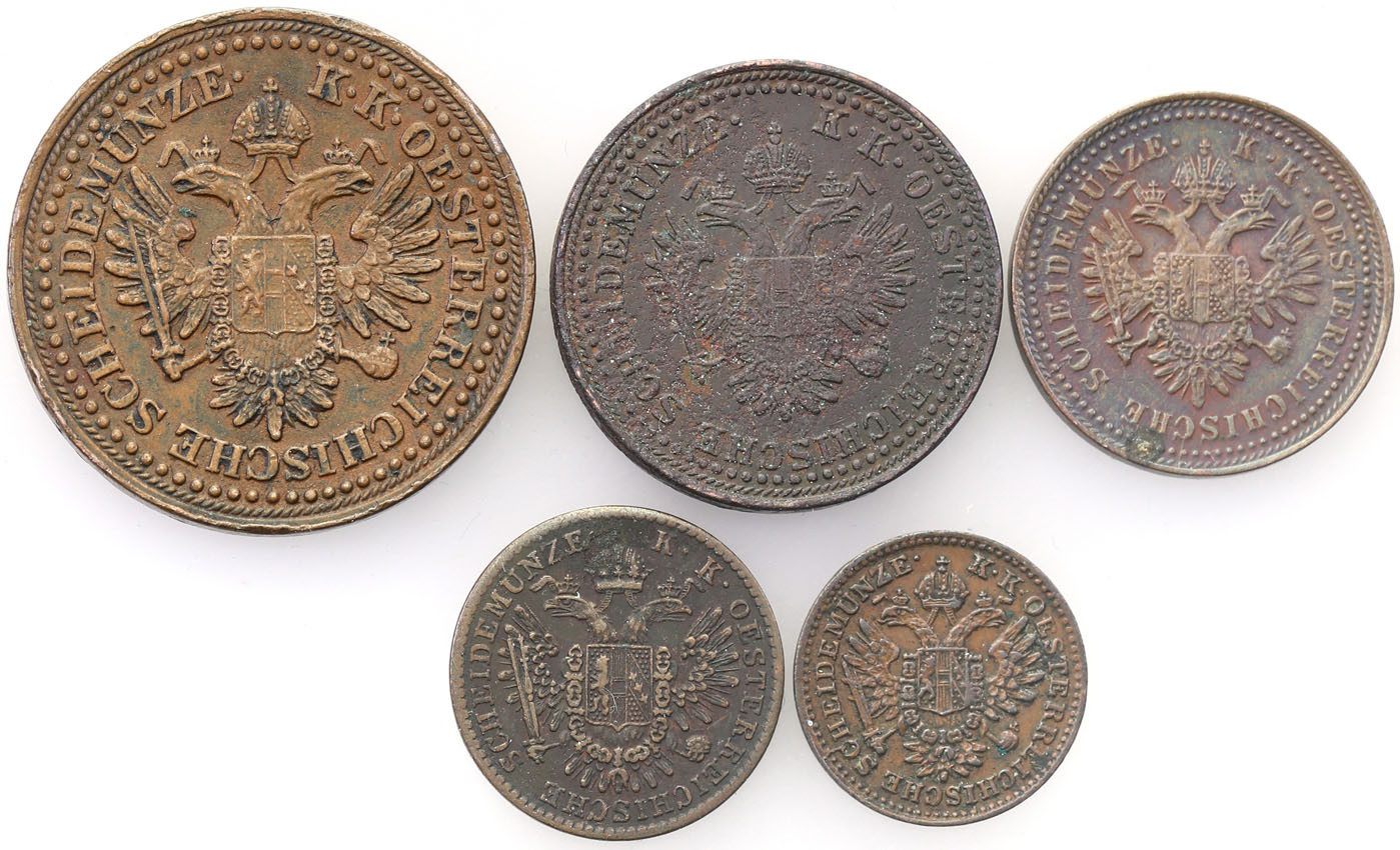 Austria. 1/4 krajcara do 3 krajcarów 1851, zestaw 5 sztuk