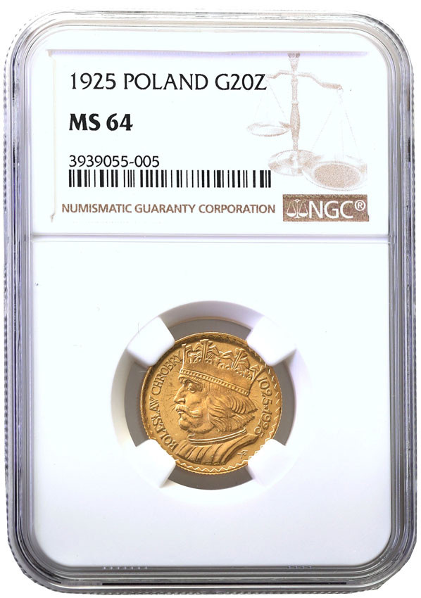 II RP. 20 złotych Bolesław Chrobry 1925 NGC MS64 (MAX) DESTRUKT