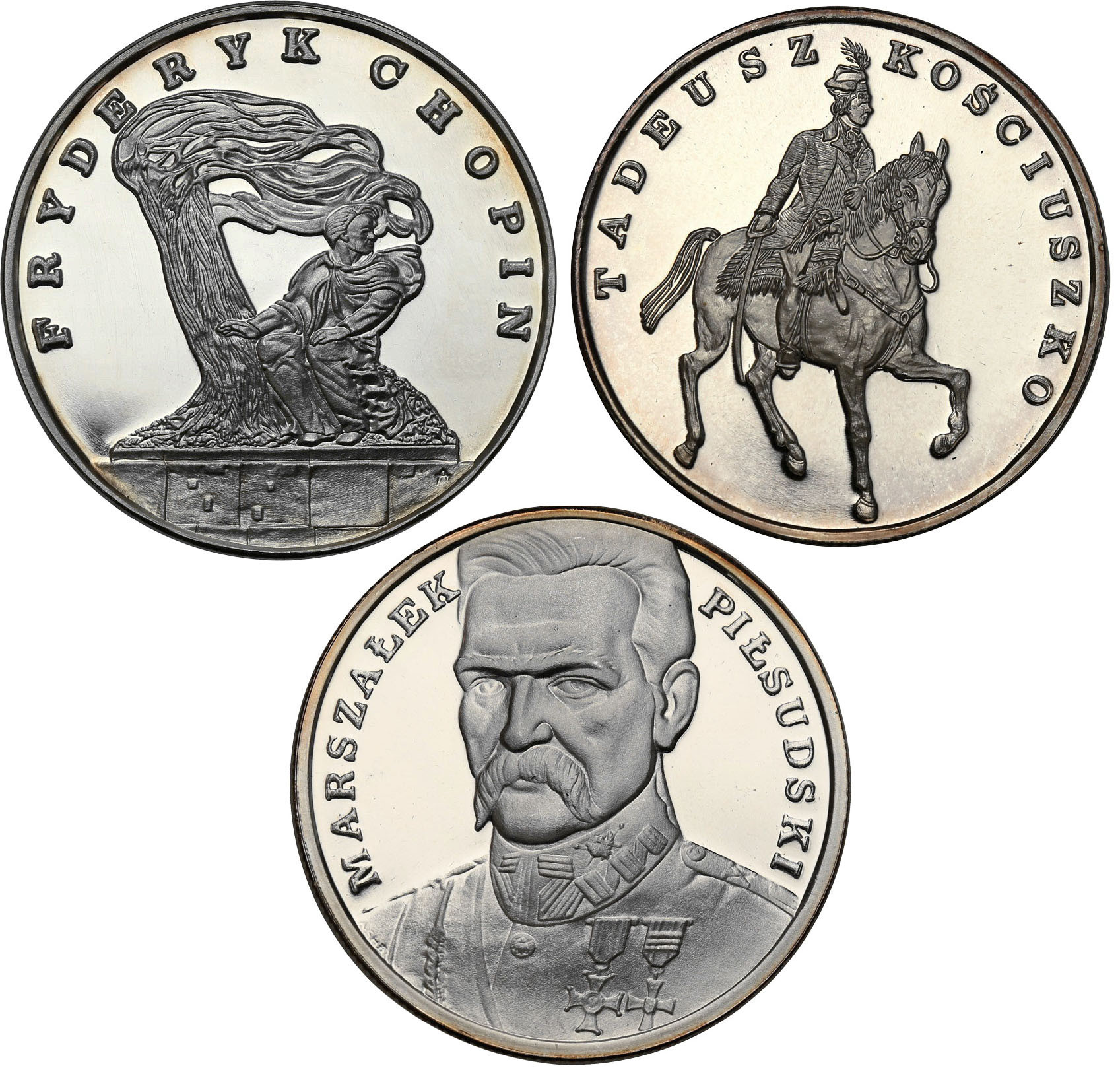 III RP. Mały Tryptyk 100.000 zł Piłsudski, Chopin, Kościuszko 1990 - zestaw 3 szt. w pudełku