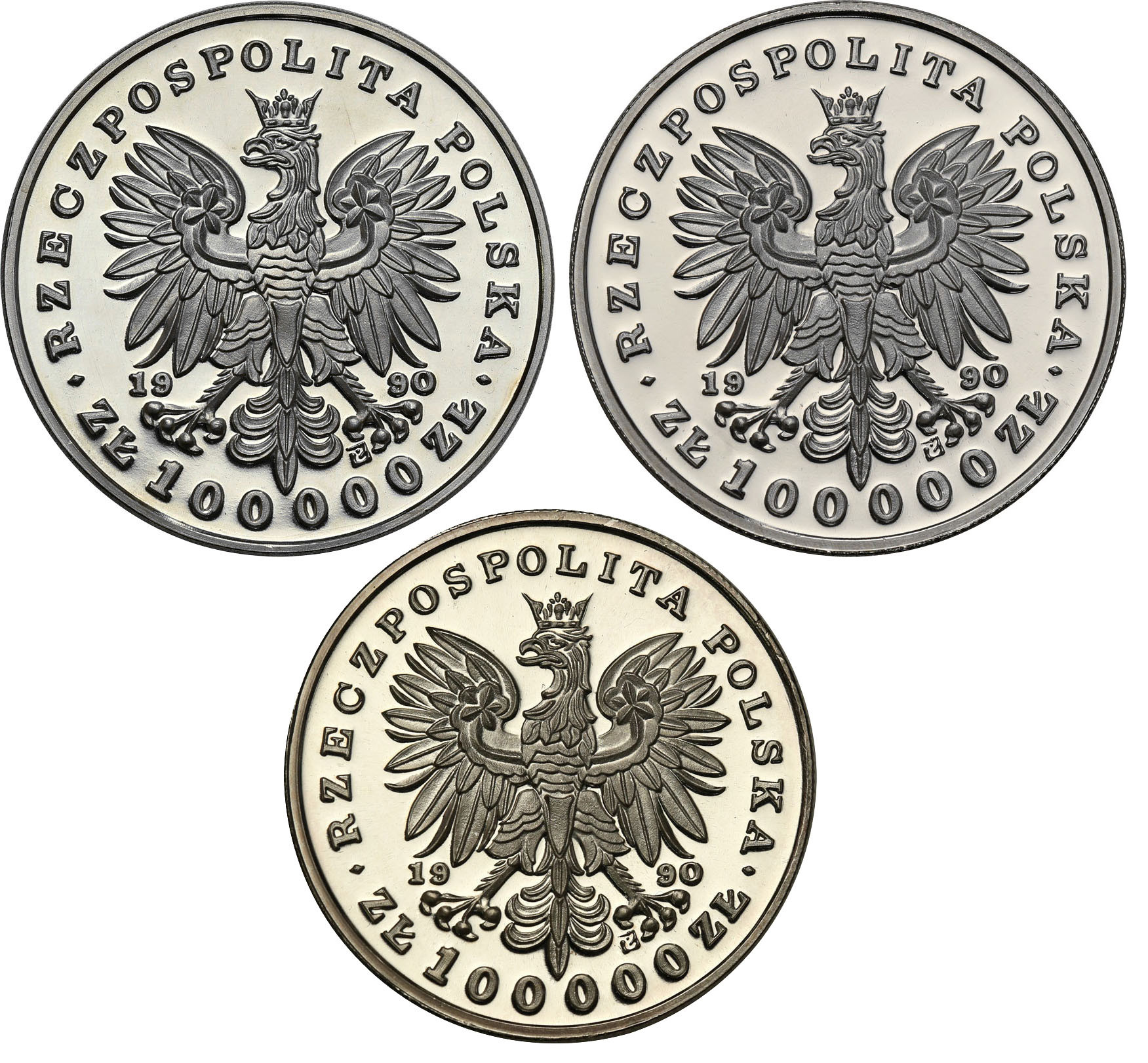 III RP. Mały Tryptyk 100.000 zł Piłsudski, Chopin, Kościuszko 1990 - zestaw 3 szt. w pudełku