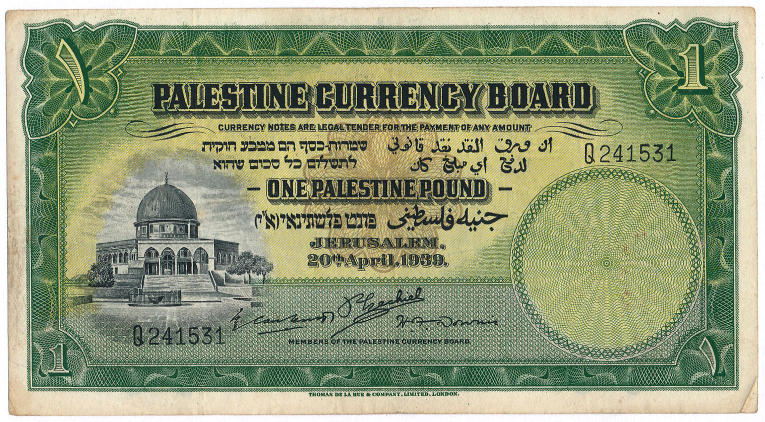 Palestyna. 1 pound (1000 mils) 20.4.1939 seria Q - RZADKOŚĆ