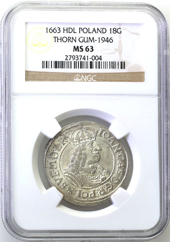 Jan II Kazimierz. Ort (18 groszy) 1663, NGC MS63 (2MAX) Toruń