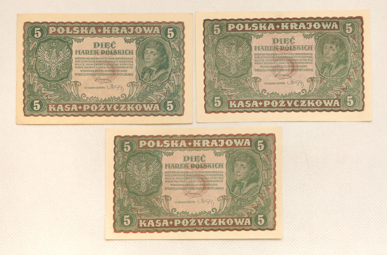 5 marek polskich 1919, zestaw 3 banknotów