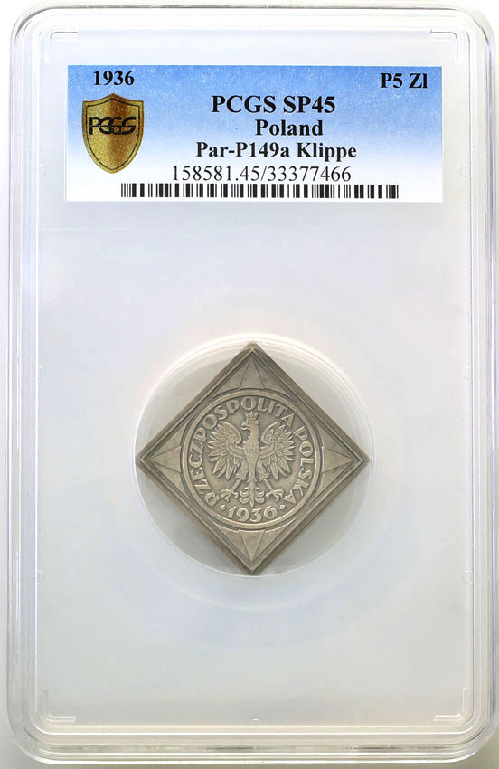 PRÓBA srebro 5 złotych 1936 KLIPA żaglowiec PCGS SP45