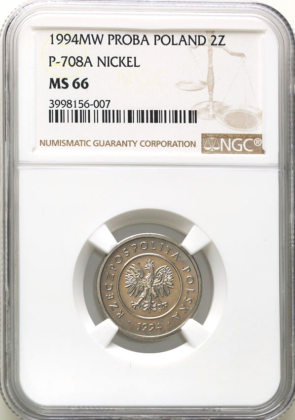 III RP. PRÓBA Nikiel 2 złote 1994, nominał NGC MS66