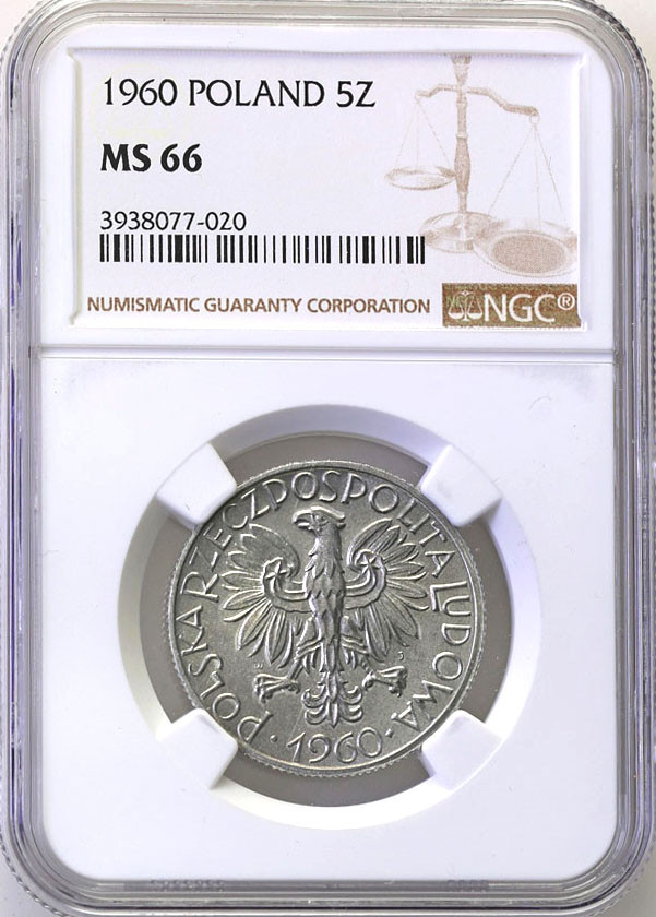PRL. 5 złotych 1960 Rybak aluminium NGC MS66