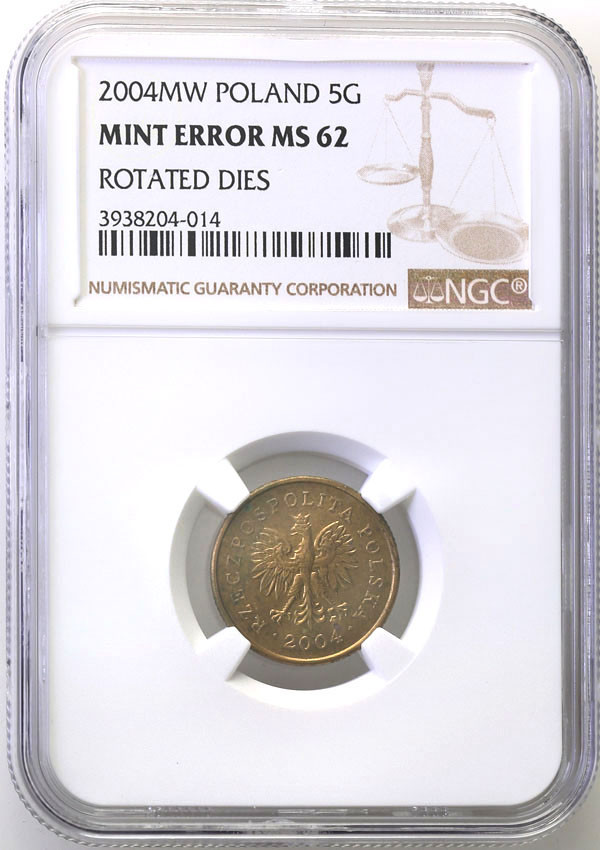 III RP. 5 groszy 2004 NGC MINT ERROR NGC MS62 - skrętka