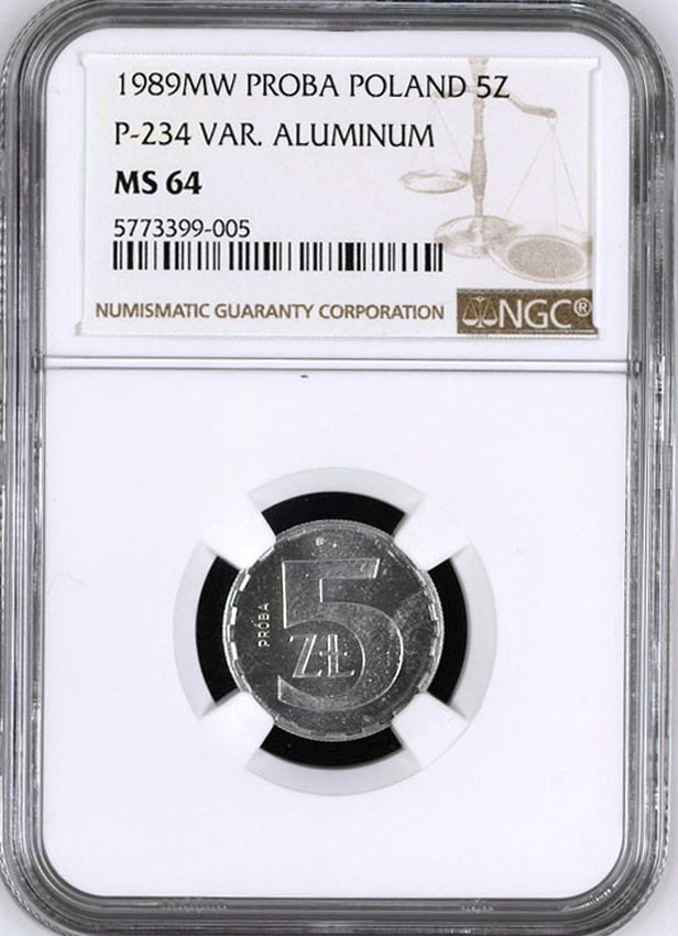 PRL PRÓBA aluminium 5 złotych 1989 NGC MS64 (MAX)