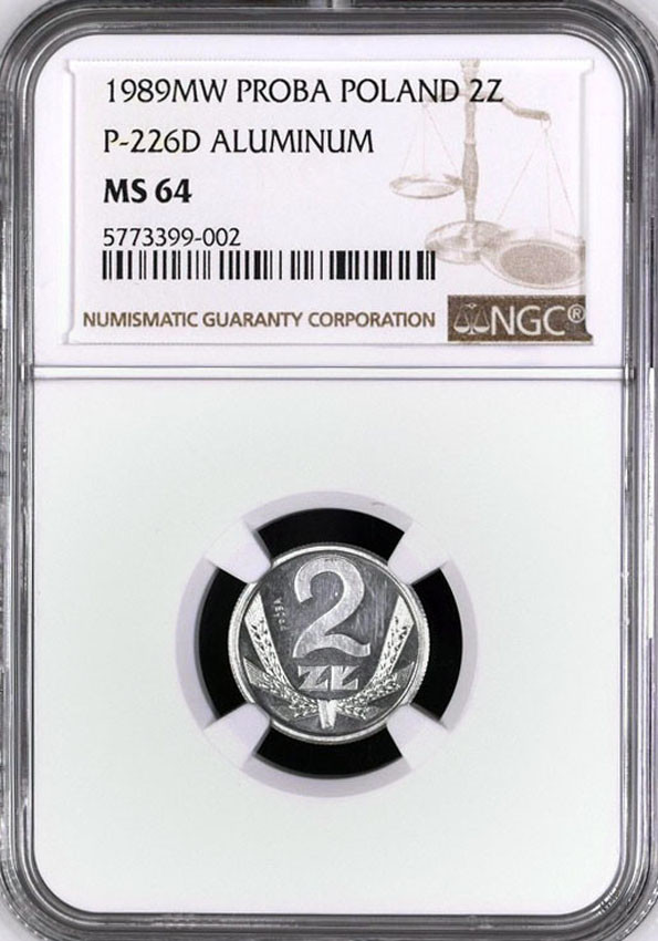 PRL. PRÓBA aluminium 2 złote 1989 - Nakład tylko 10 sztuk! NGC MS64 (MAX)
