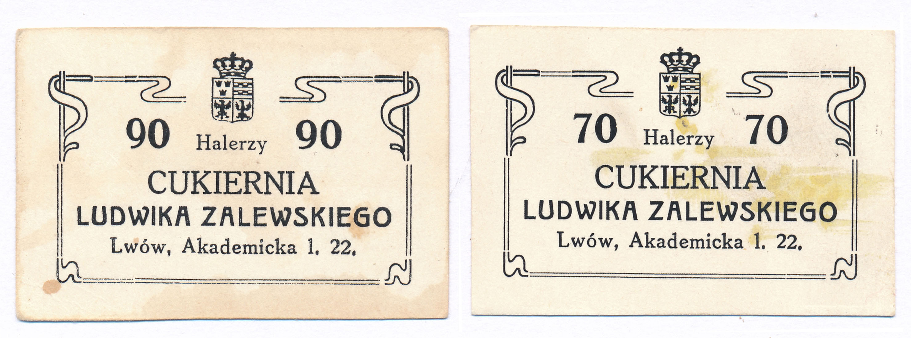 Galicja, Lwów - Cukiernia Ludwika Zalewskiego. Bon na 70 + 90 halerzy 1918 - RZADKIE