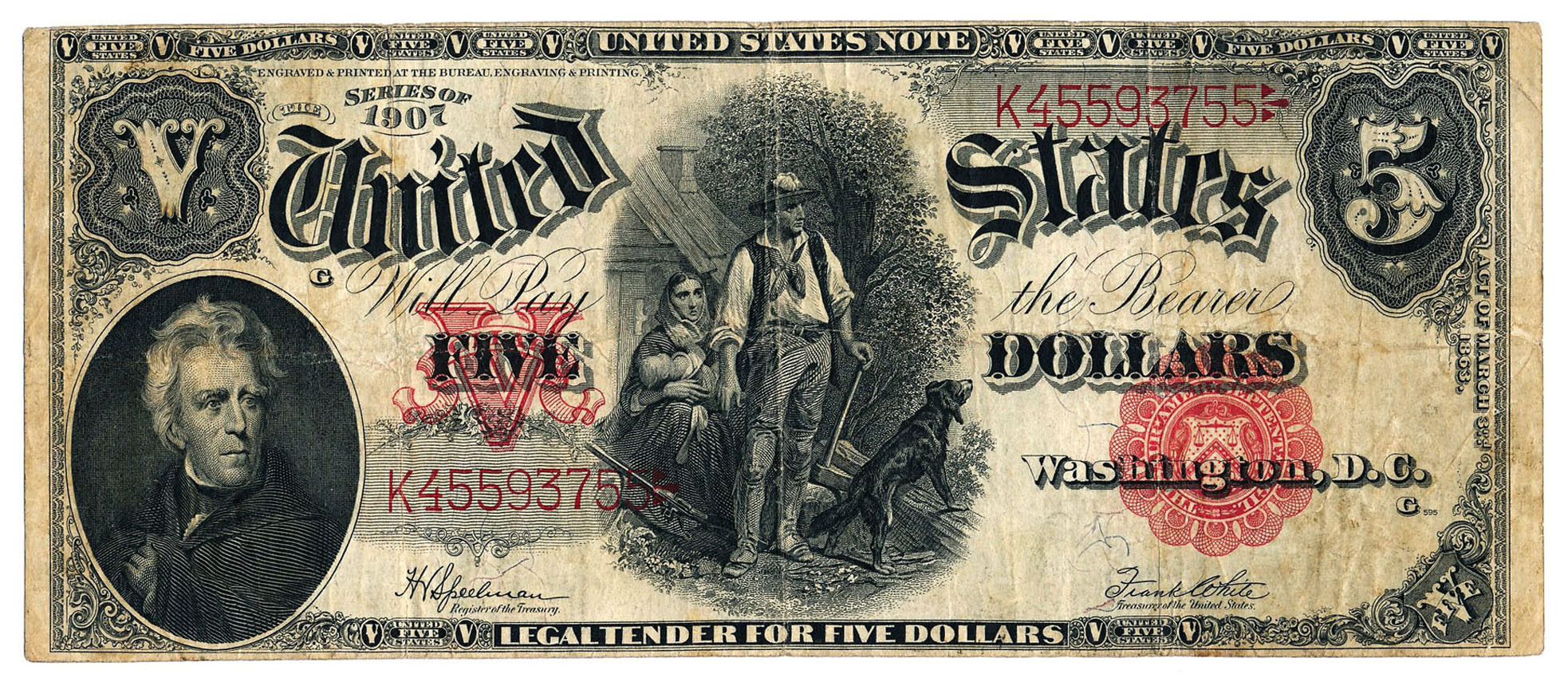 USA. 5 dolarów 1907 Legal Tender, Large size, seria K