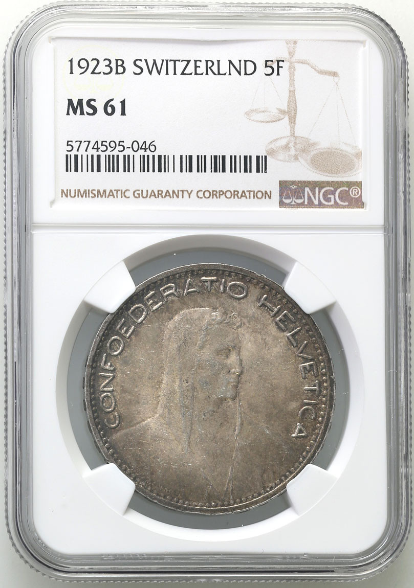 Szwajcaria. 5 franków 1923, Berno NGC MS61