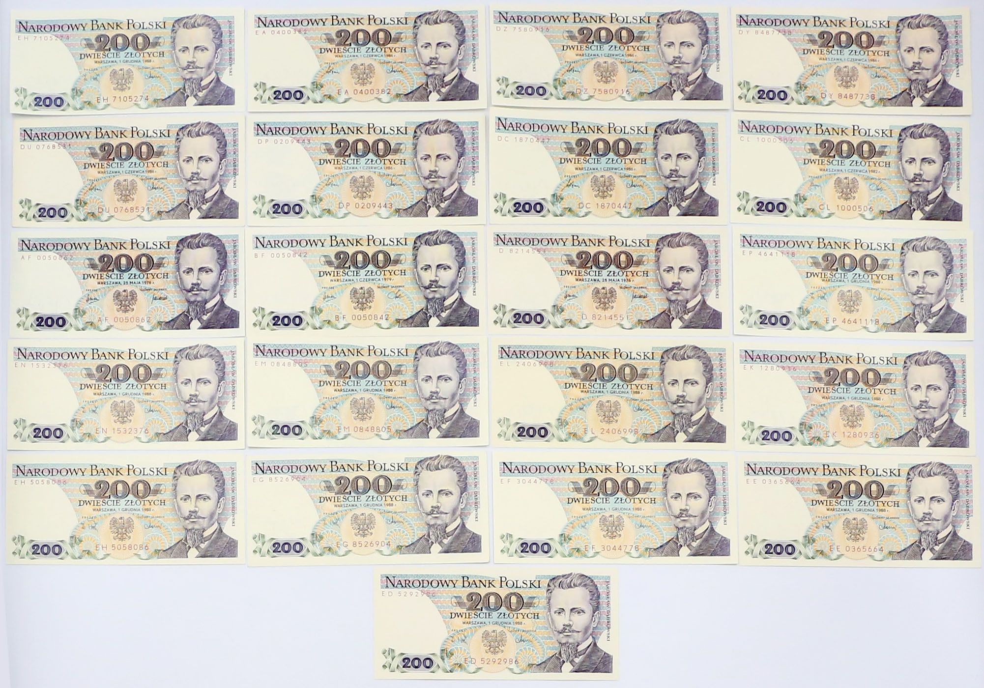 PRL. 200 złotych 1976-1988, zestaw 21 banknotów