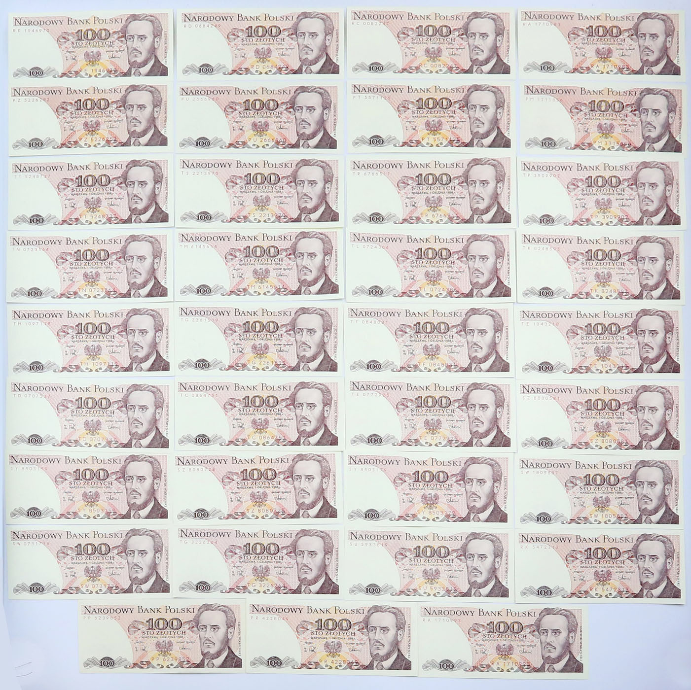 PRL. 100 złotych 1988, zestaw 35 banknotów