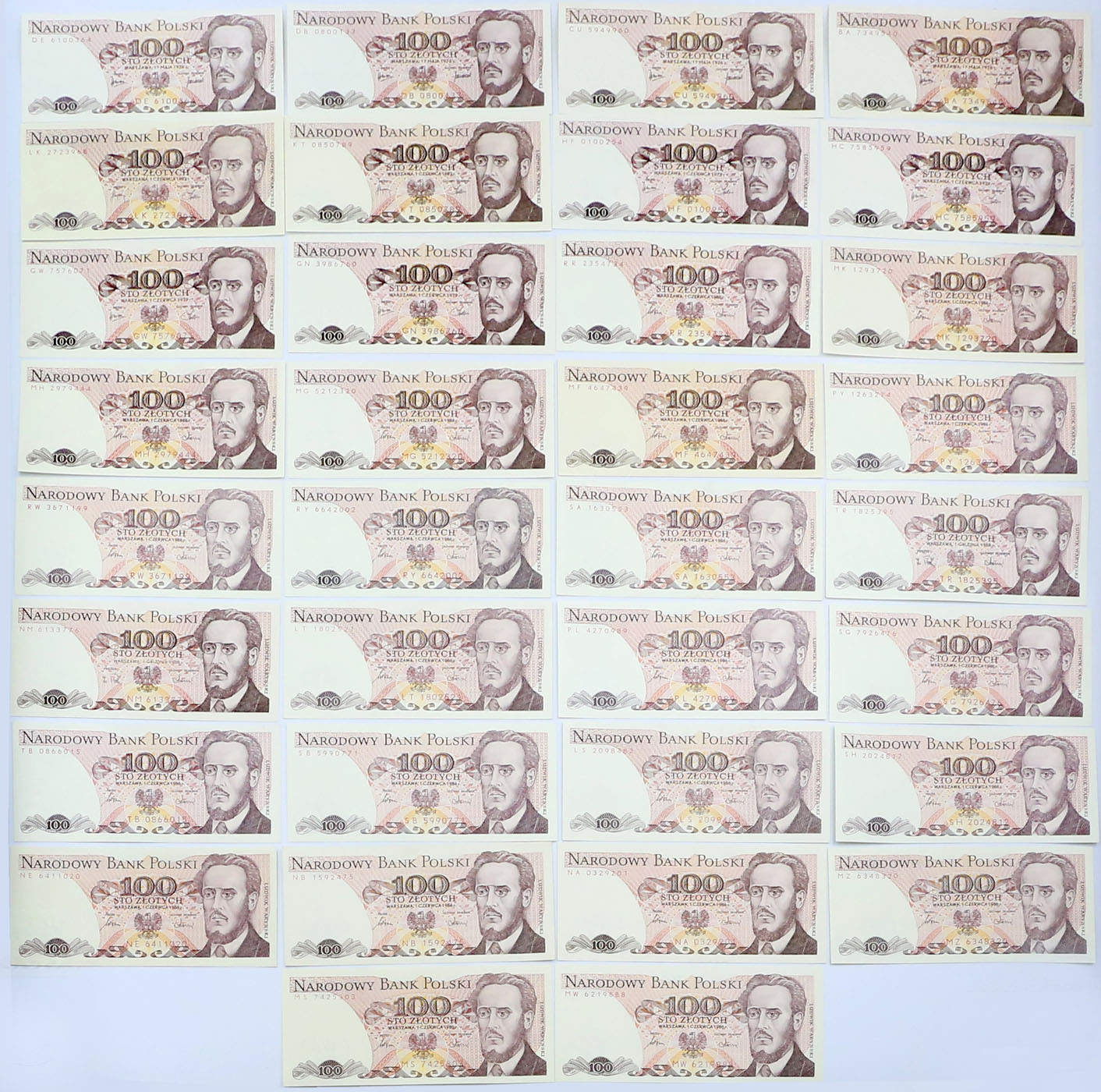 PRL. 100 złotych 1976-1988, zestaw 34 banknotów