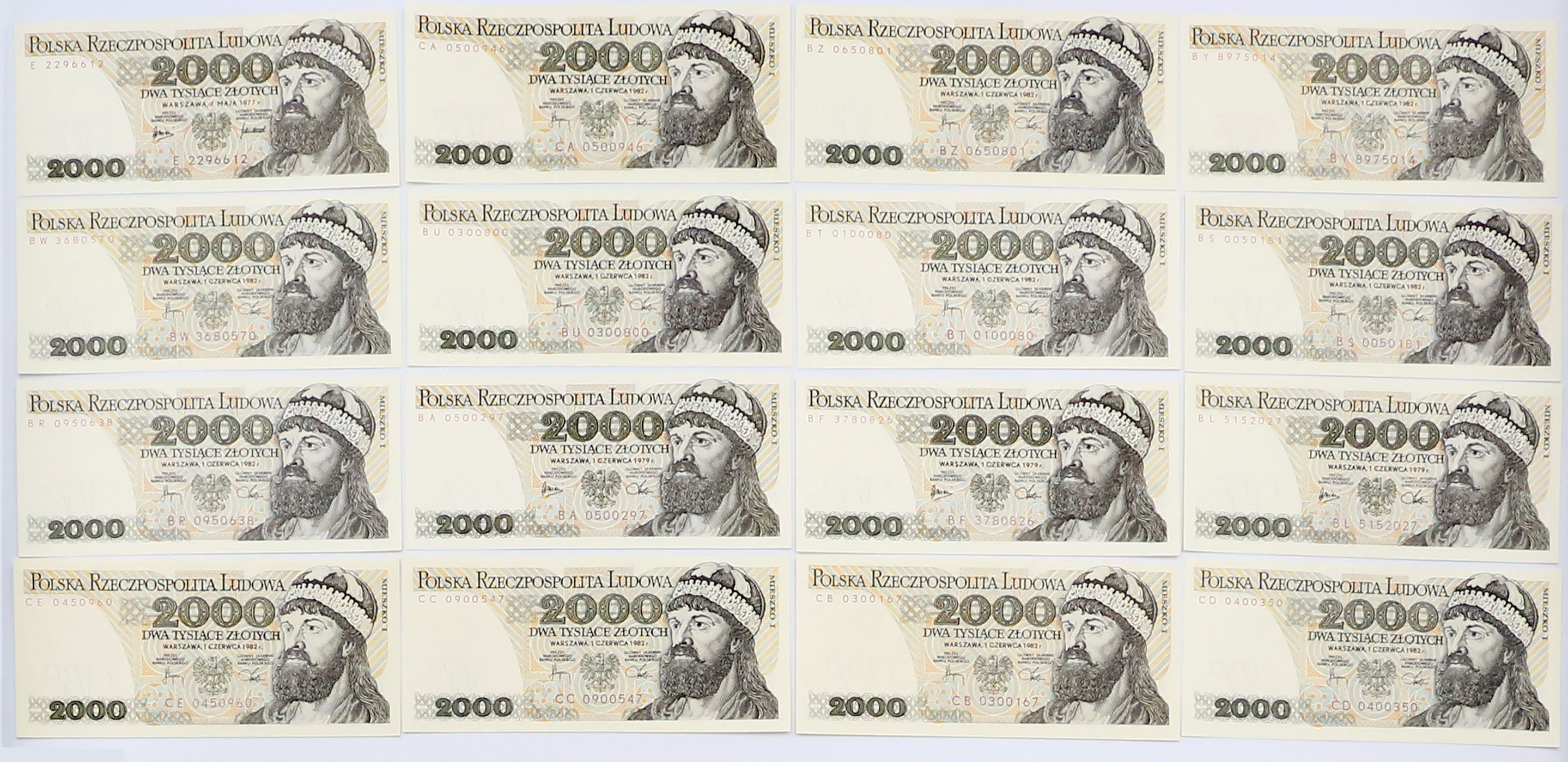 PRL. 2.000 złotych 1977-1982, zestaw 16 banknotów
