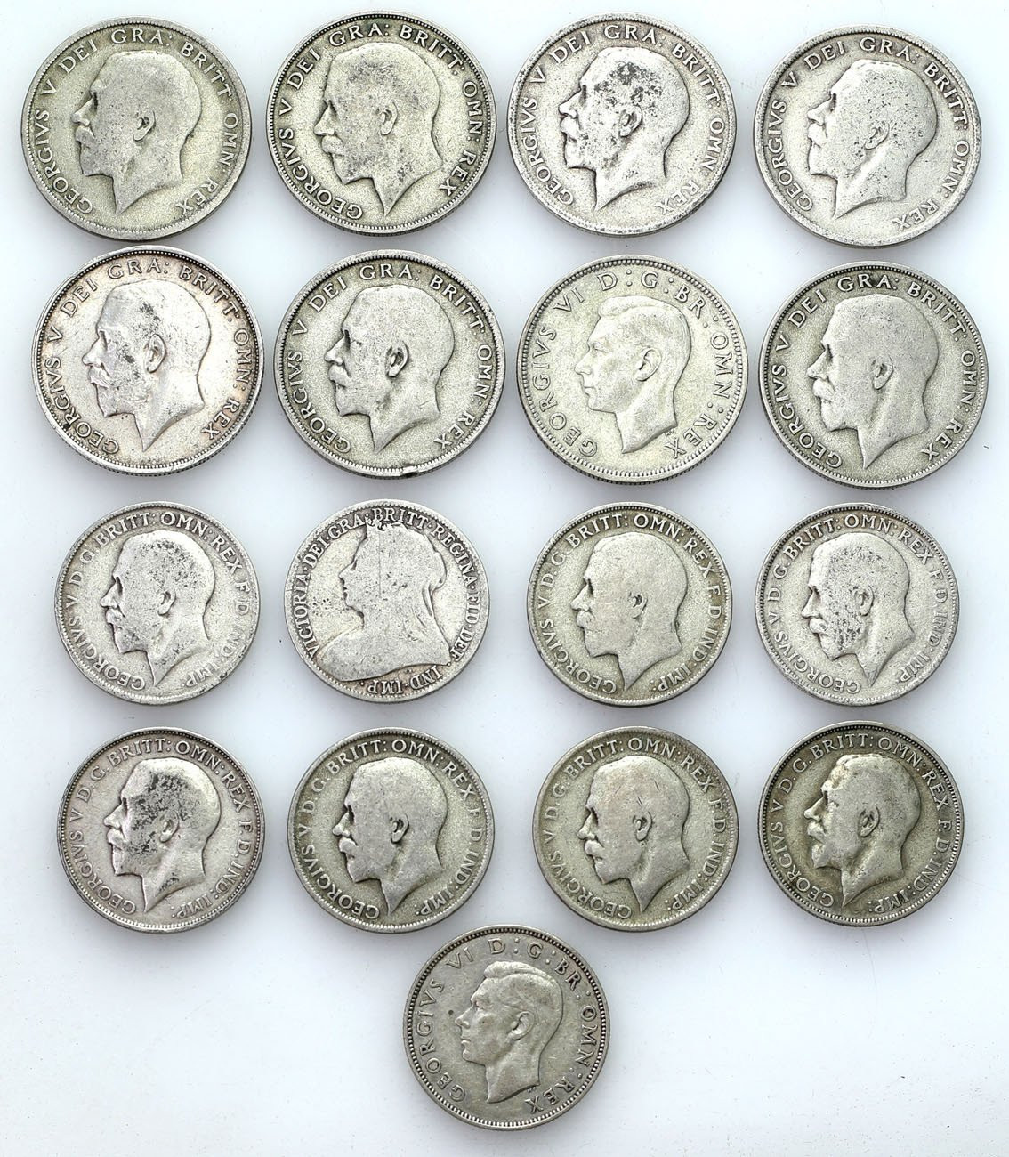 Wielka Brytania, 1/2 korony, floren i 2 szylingi. 1914 – 1941, zestaw 17 sztuk