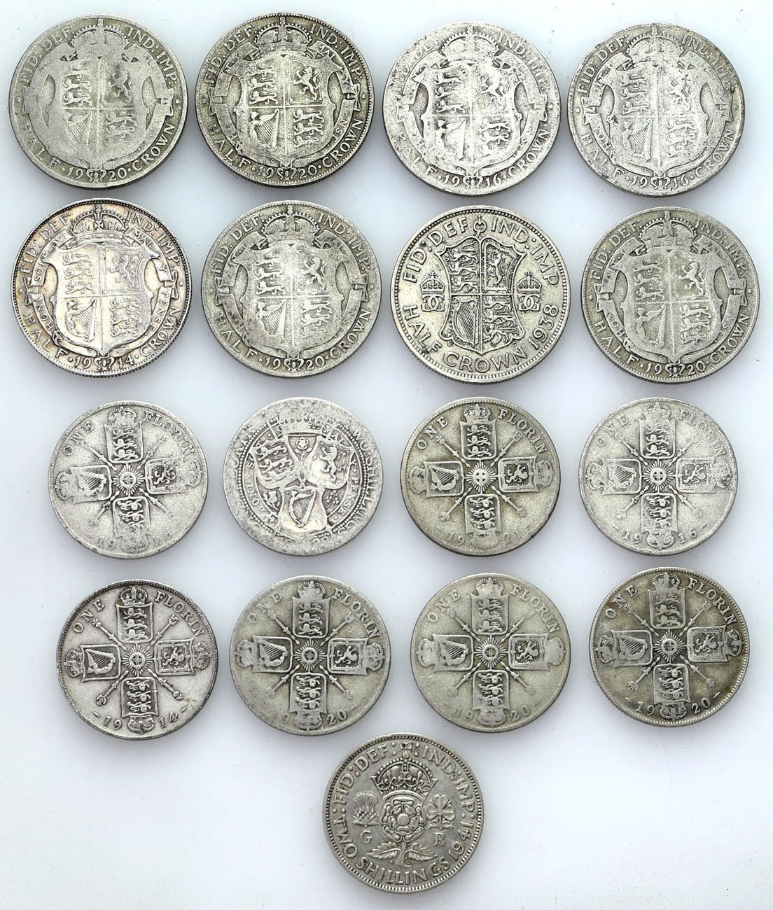 Wielka Brytania, 1/2 korony, floren i 2 szylingi. 1914 – 1941, zestaw 17 sztuk
