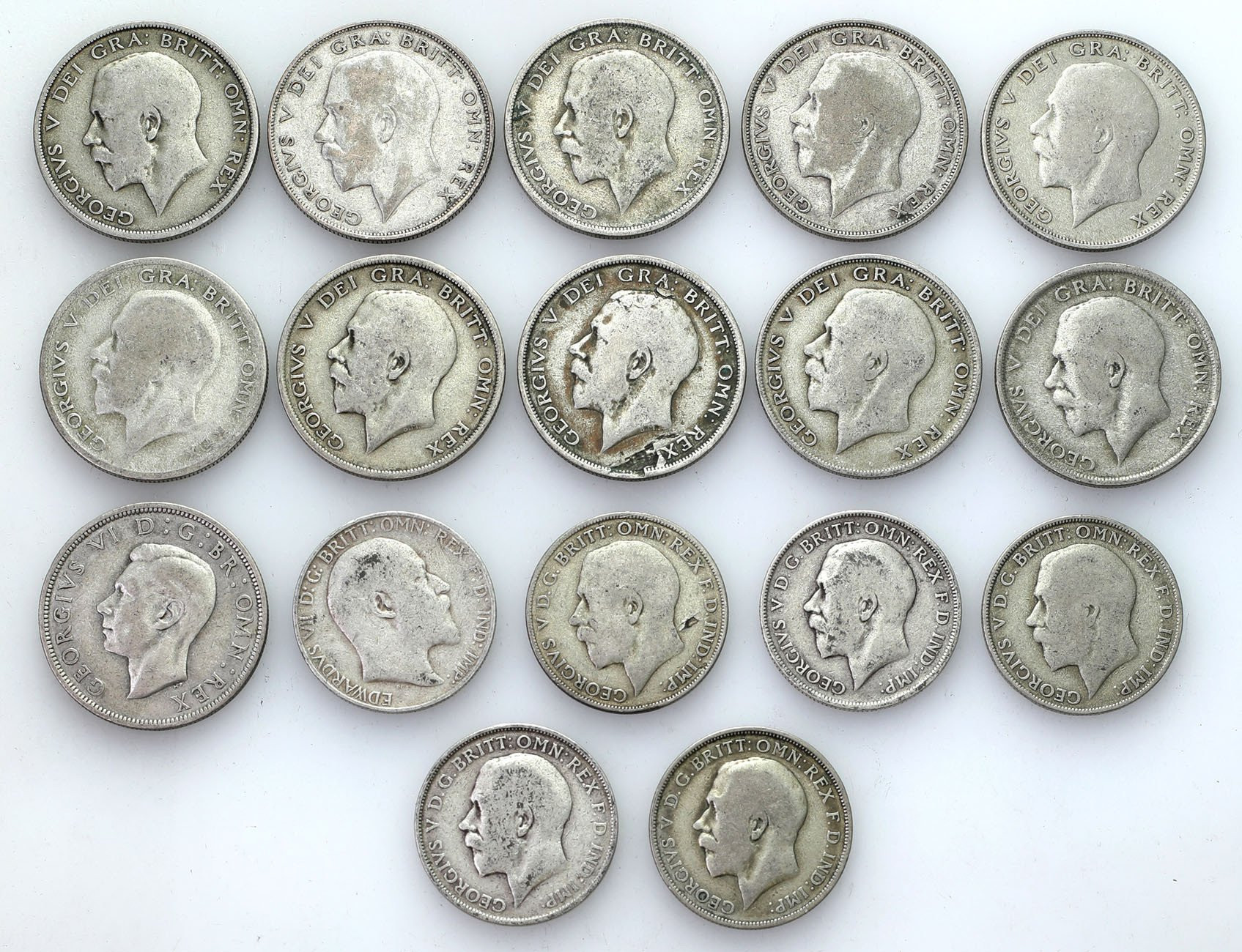 Wielka Brytania, 1/2 korony, floren i 2 szylingi. 1914 – 1939, zestaw 17 sztuk