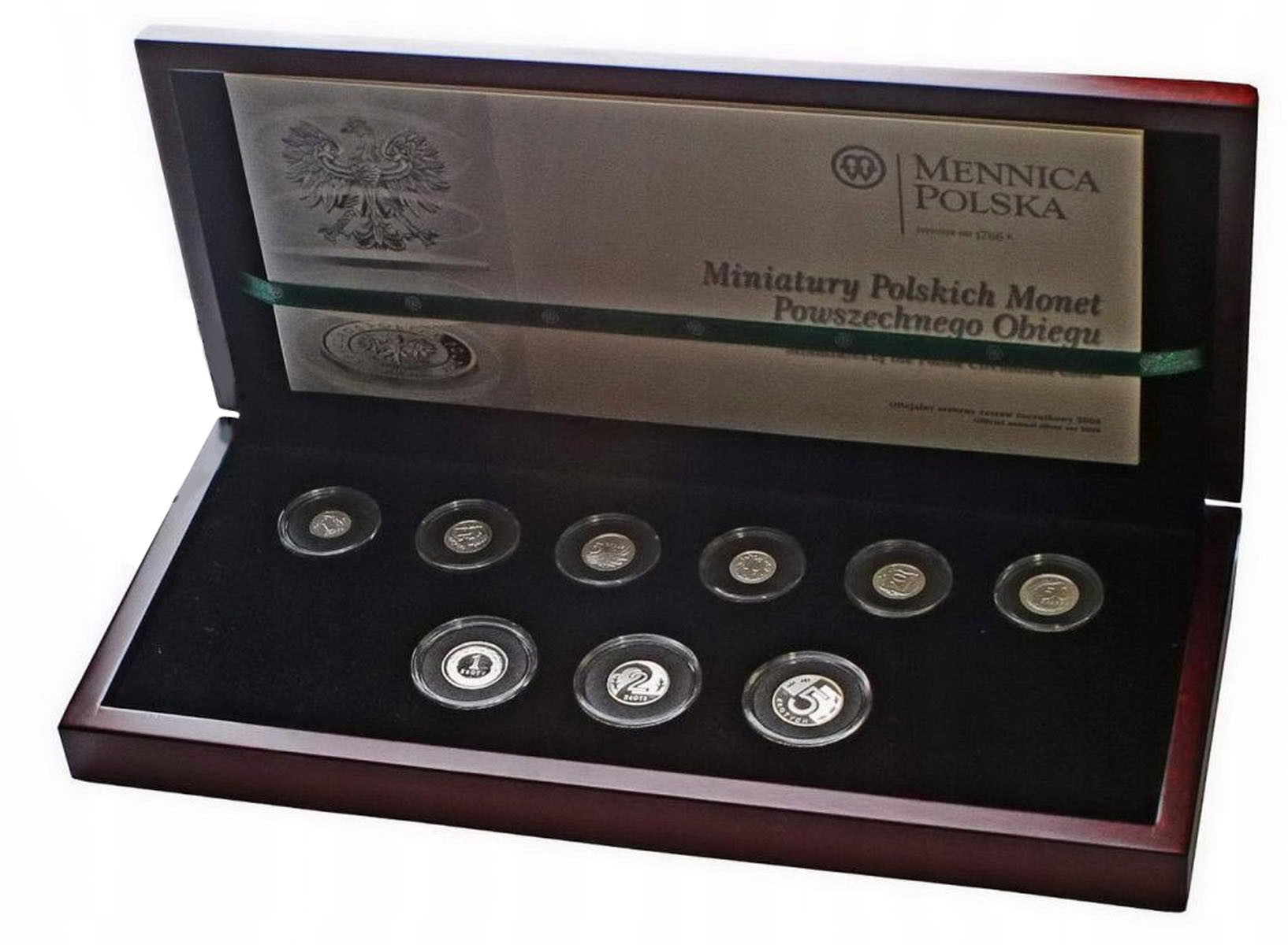 III RP. Miniatury polskich monet obiegowych 1 grosz do 5 złotych 2008, zestaw SREBRNY, 9sztuk