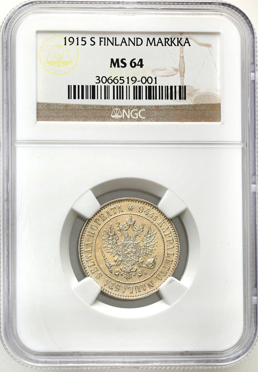 Rosja / Finlandia. Mikołaj II. 1 Marka 1915 S, Helsinki NGC MS64