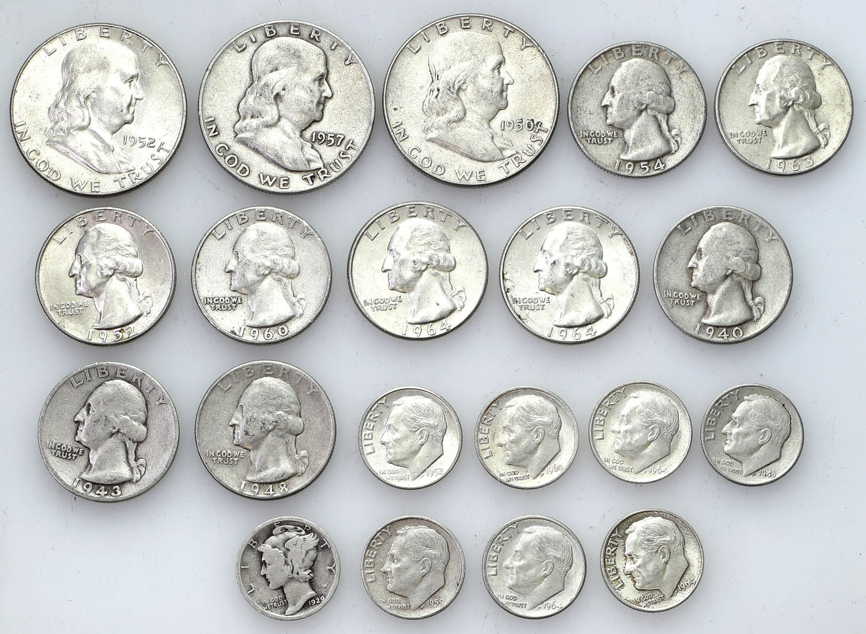 USA, 10 centów - 1/2 Dolara 1929 – 1964, zestaw 20 sztuk